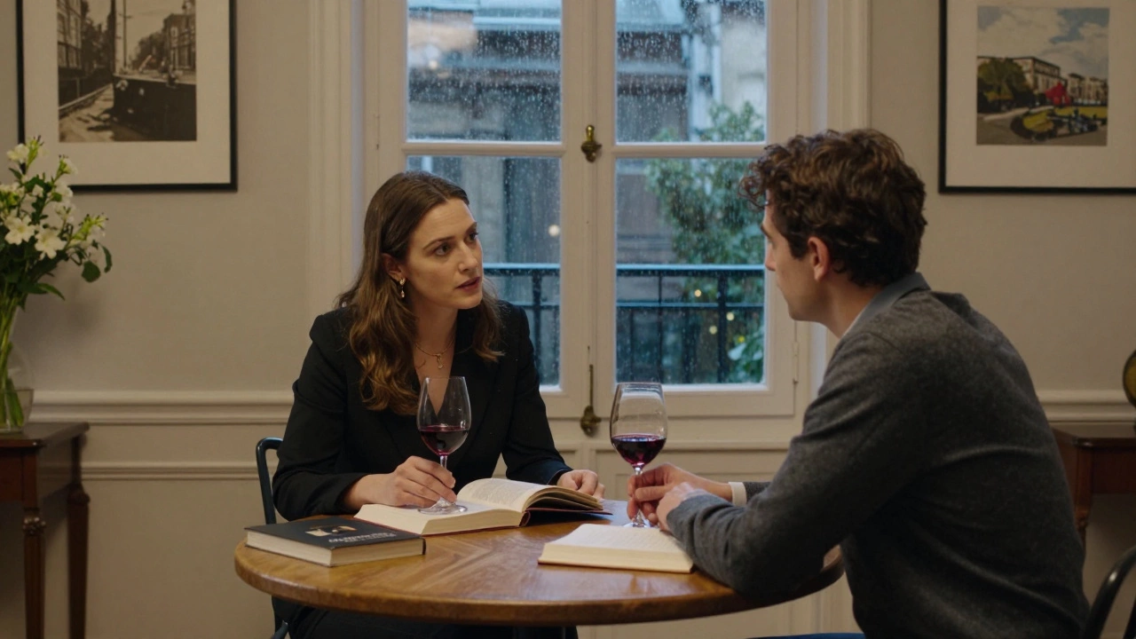 A woman and client converse over wine and books in a cozy Parisian apartment, surrounded by art and rain-streaked windows.