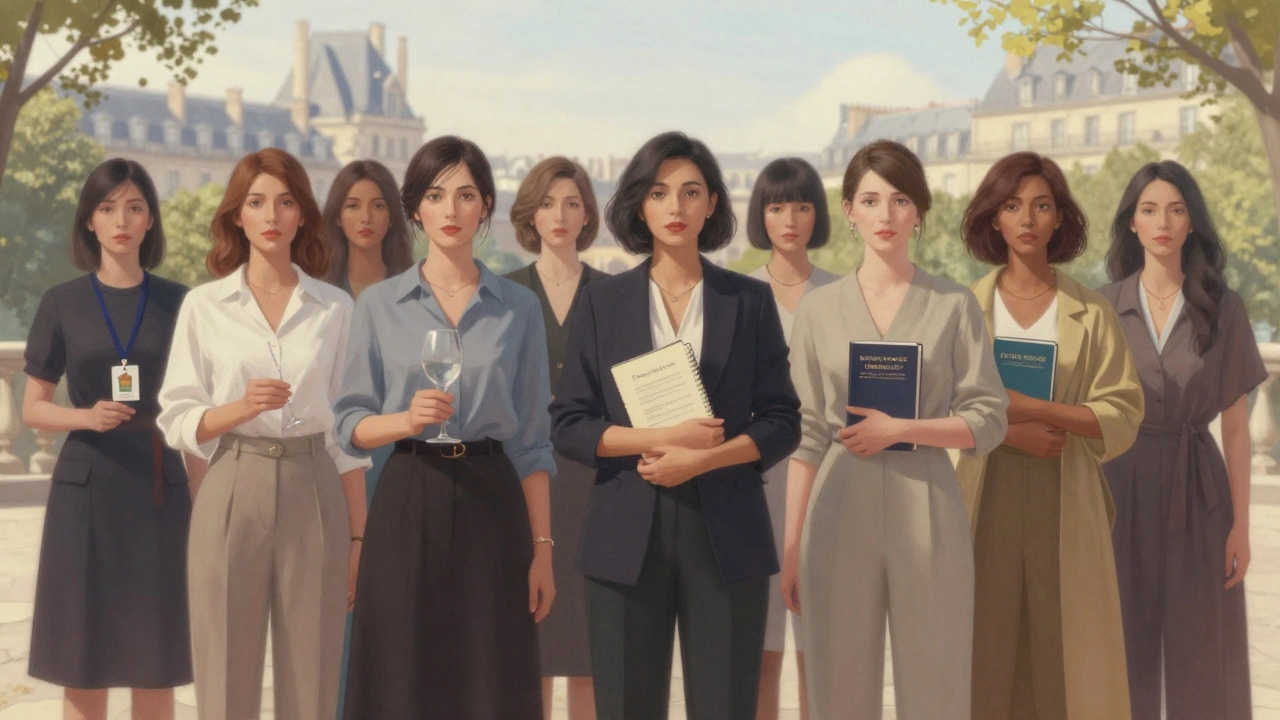 Diverse women stand in a sunlit courtyard, each holding an object representing their hidden lives and personal stories.