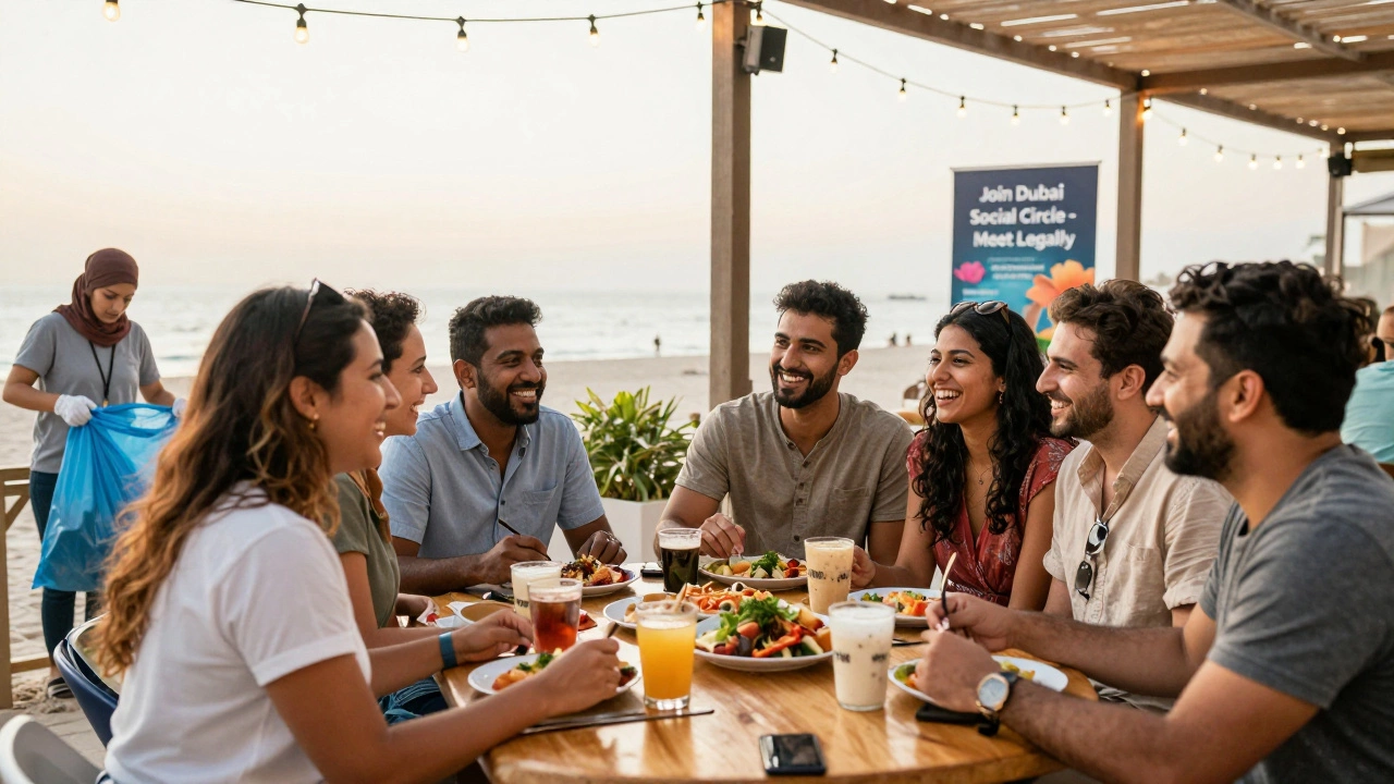Expats enjoying food at a lively Dubai café, with volunteers cleaning the beach in the background.